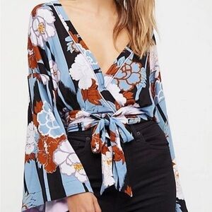 Free People Kimono Floral Wrap Tie-Front Blouse in Blue and Rust